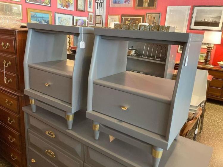 Twin gray painted nightstands, 20” x 16.5” x 27” 