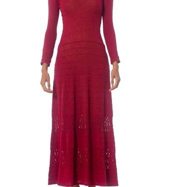 1930S Cranberry Red Rare Rayon Blend Knit Maxi Dress With Sleeves 