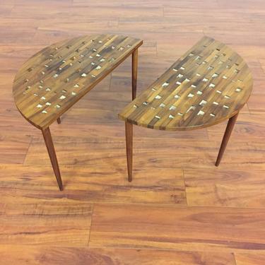 Vintage Semi-Circle Walnut Cutout Side Tables - a Pair 