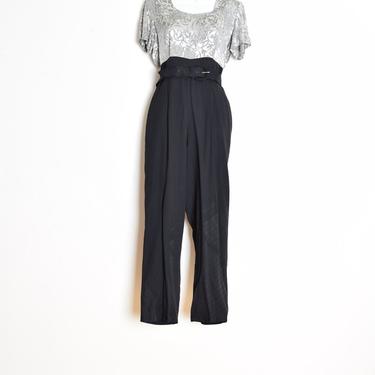 vintage 80s jumpsuit black silver brocade pantsuit one piece outfit romper M clothing 