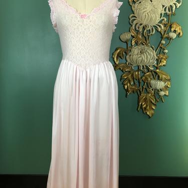 1980s nightgown, pale pink nylon, vintage lingerie, stretch lace, size medium, cinema etoile, cap sleeve, midi length, 80s nightie, 34 36 