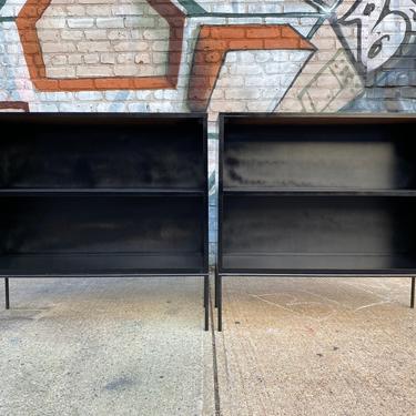 Pair of original mid century modern single bookcase book shelf by paul mccobb black lacquer over maple iron legs bookcase 