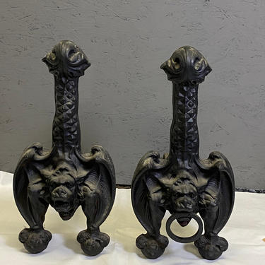 Vintage Pair Gargoyle Fireplace Andirons Cast Iron Black Antique Gothic Medieval 