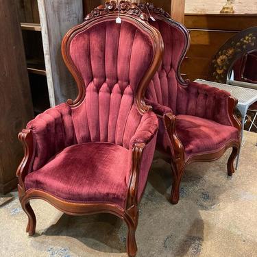 Velvet Victorian arm chairs, 2 available 25” x 32” x 46” seat height 15.5”