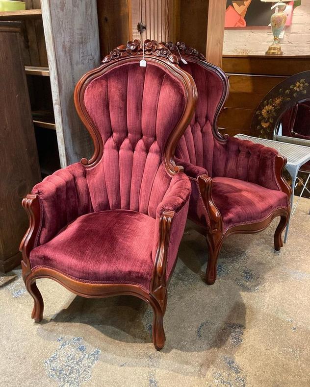 Velvet Victorian arm chairs, 2 available 25” x 32” x 46” seat height 15.5”