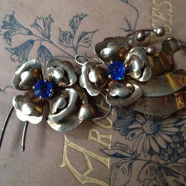 1930s Silver Plate Brooch Pin Cobalt Blue Stones Jewelry Hallmarked 