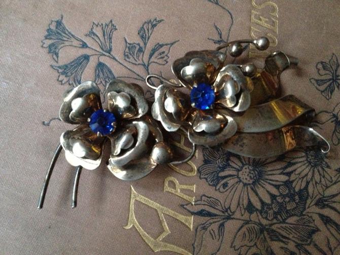 1930s Silver Plate Brooch Pin Cobalt Blue Stones Jewelry Hallmarked by JansVintageStuff