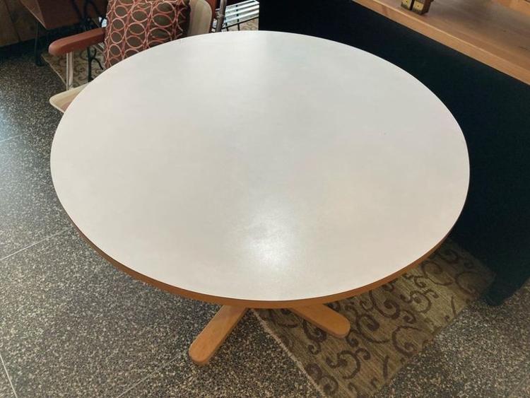 Danko White laminate top bent wood leg table. 40” across 29” tall