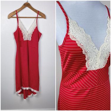 90s Vintage Red White Striped Lace Midi Slip Dress by Miss Me 