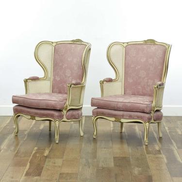 Pair Vintage Regency Pink Wingback Cane Armchairs