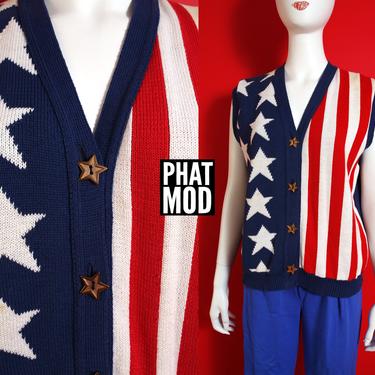 Iconic Vintage 80s 90s Red White Blue American Flag Knit Sweater Vest with Gold Star Buttons 