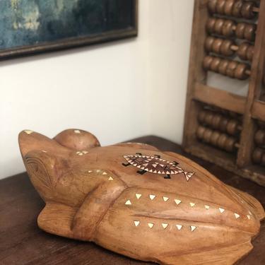 Vintage MCM Carved Wooden Bohemian Boho Frog Sculpture/Wall Hanging with Inlaid Details Handmade Mid Century Modern 