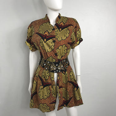 Vtg 80s ethnic african print peplum top shirt mini dress 
