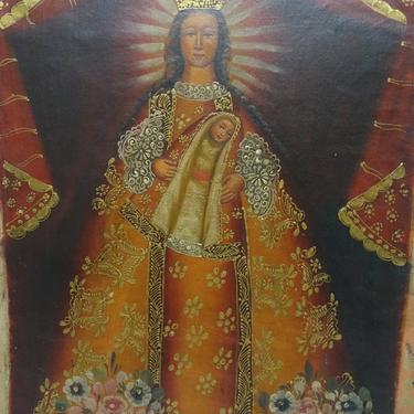 Original Cuzco Madonna Oil Painting on Canvas, Holy Mother Saint Mary and Child Jesus, Vintage Religious Peru 