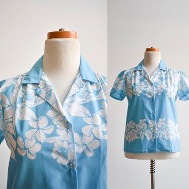 Vintage Blue &amp; White Hawaiian Button Up Blouse 