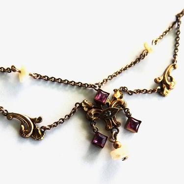 Vintage Victorian Revival Swag Necklace with Crystals and Mother of Pearl 