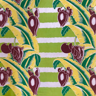 Wavy Green Striped Barkcloth with Tropical Banana Leaf Pattern 
