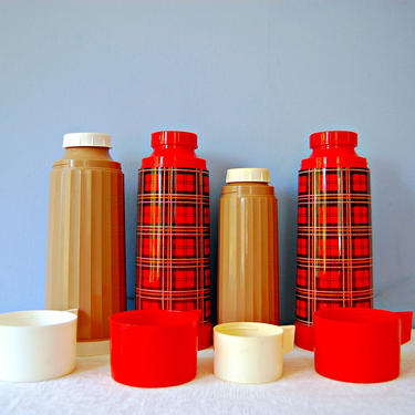 Vintage Aladdin Thermoses Bottles Red Plaid Coffee Thermoses Set Camping Picnic Lunch Soup Large Quart Insulated 