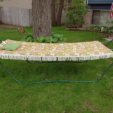 Vintage McArthur and Sons Floral Fringed Outdoor Hammock with Stand and Pillow 
