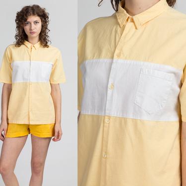 80s Yellow &amp; White Striped Cotton Top - Large | Vintage Short Sleeve Button Up Polo Shirt 