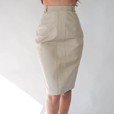 Vintage 80s 90s Claude Montana Cream Reptile Embossed Leather High Waisted Pencil Skirt | Made in Italy | 1980s 1990s Designer Leather Skirt 