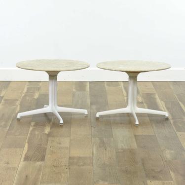 Pair Of White Mid Century Modern Stone Top Tables