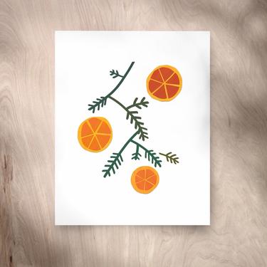 Christmas Orange Print (Gicle Fine Art Print) Holiday Plant Art, Nature Artwork Evergreen leaves- Modern Collage Reproduction 