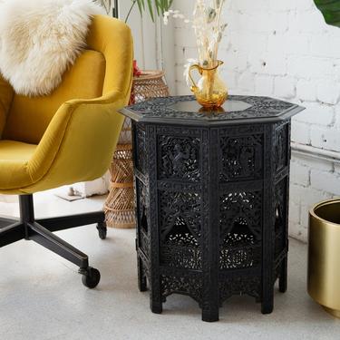 Hand-Carved Wood Octagon Side Table