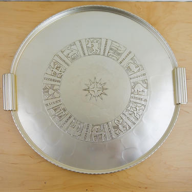 Large MCM zodiac wheel tray Arthur Armour hammered aluminum art deco wall hanging astrology decor or silver serving platter with handle 