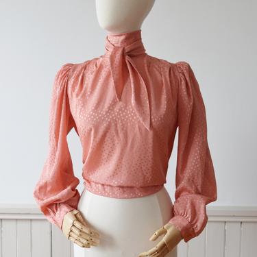 Peachy Silky Secretary Blouse | 1980s Pink Satin Blouse with Bishop Sleeves | M 