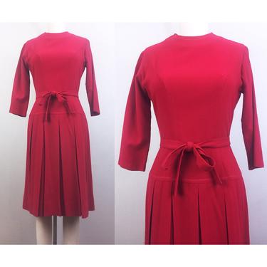 Vintage 50s Red Wool Dress Pleated 1950s XS/S 