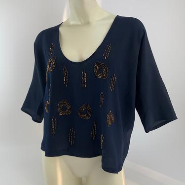 1920'S Beaded Silk Blouse - Navy Silk with Copper Glass Bugle Beads - Deep Scoop Neckline - Womens Size Small to Medium 