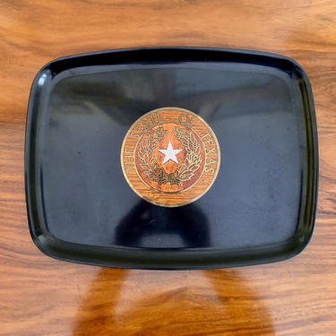 Vintage Texas State Seal, Wood and Brass Inlay Couroc Melamine Serving Tray - Mid Century Rustic Modern, Southwest, Bar Cart, Wedding Gift 