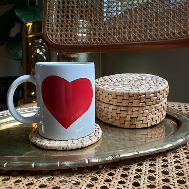 Vintage Porcelain Heart Mug | White &amp; Red Coffee Cup with Handle | Retro Boho MCM Mid-Century Drinkware, Glassware, Christmas Gift 
