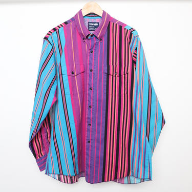 bright rainbow WRANGLER brand 90s vintage long sleeve COLOR block oxford 90s striped button up shirt - Men's Size Large 