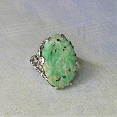 Antique Silver Carved Jade Ring, Antique Art Deco Silver Jade Ring, Old 1930's Carved Jade Ring, Size 3.75 (#3891) 
