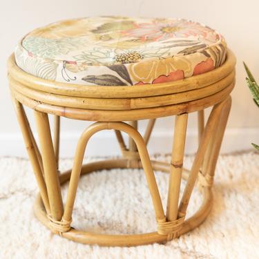 Large Vintage Woven Bentwood Bamboo Ottoman with Floral Cushion 