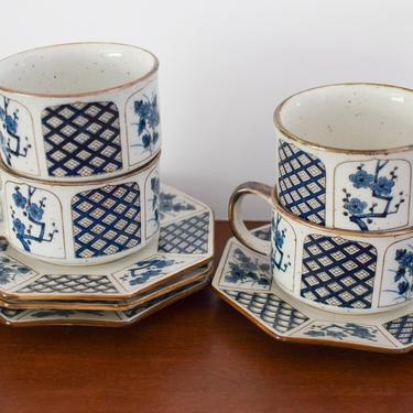 Blue and Cream Japanese Soup Mug and Saucer.  Set of 4 Otagiri Style Vintage Soup Bowl and Plates. Speckled Vintage Pottery. 