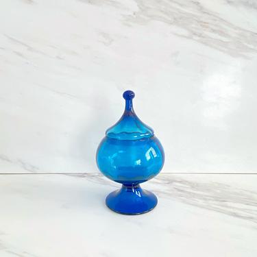 Vintage Mid Century Modern Italian Art Glass Blue Apothecary Compote Candy Jar Empoli Murano Italy 9.75&amp;quot; Tall 1960s 1970s Carlo Moretti 