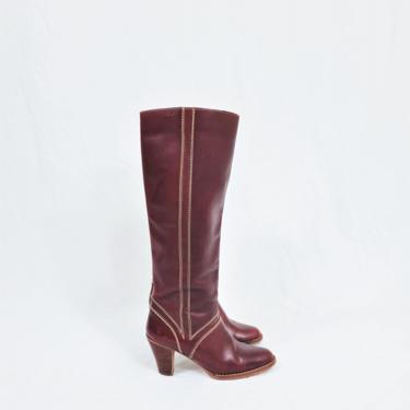 Knee High 1970's Burgundy Leather Made in Brazil Tall Stacked Heel Zip Up Boots I Sz 5 