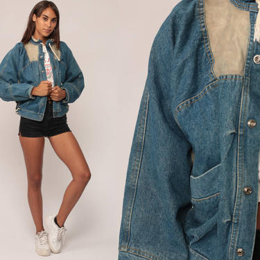80s Denim Jacket GUESS Jeans LEATHER Jacket Denim Jacket Biker Grunge 1980s Vintage Hipster Blue Coat Retro Small 