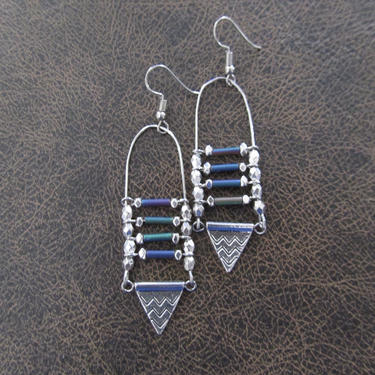 Silver ethnic earrings, chandelier earrings, statement earrings, chunky bold earrings, etched metal earrings, iridescent multicolor earrings 