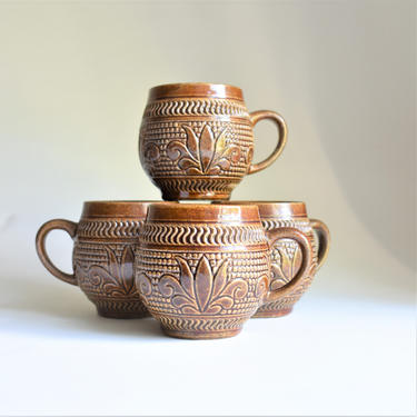 Vintage Mug Set of 4 | Ornate Carved Round Handled Brown Mugs | Signed Marked Numbered | Original Art Handmade Majolica Style Coffee Mugs 