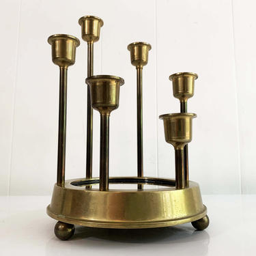 Vintage Mid Century Brass Candelabra Mirrored Base Six Candle Holders Candlesticks Tiered Graduated Tulip Hollywood Regency Candleholder MCM 