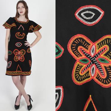 Vintage 70s Ethnic Embroidered Dress Black Fiesta Flutter Sleeve Evening Party Mini Dress 