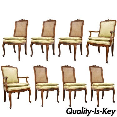 Set of Eight French Country Louis XV Style Cane &amp; Walnut Dining Chairs by Kindel