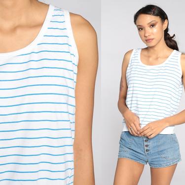 Striped Tank Top Ringer Tee 80s Retro Shirt White Blue Tee Sleeveless Top 1980s Hipster Vintage Slouchy Top Small Medium 