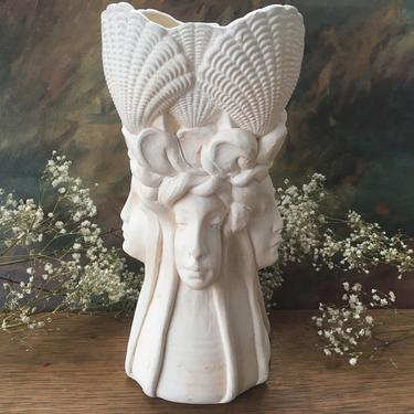 Vintage Face Vase, Women Faces, Naiads With Shells, Signed By Christine Sibley, Collectible Pottery Vase, SEE ALL PHOTOS 