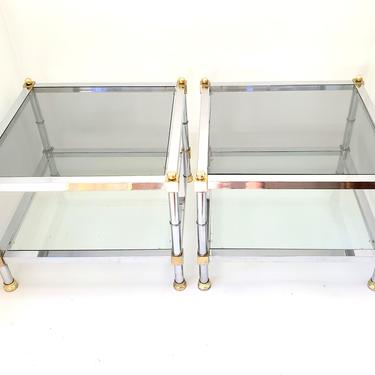 1970'S Maison Jansen Mid Century Modern PETITE Chrome &amp; Brass End Tables Nightstands Low Profile Smoked Glass Square Pair Hollywood Regency! 