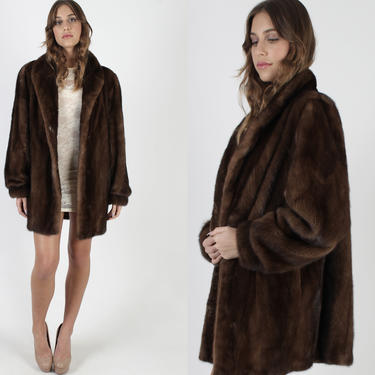 Womens Fur Back Collar Mink Coat / Vintage 70s Brown Mink Fur Jacket / Cropped Real Fur Plush Brown Opera Pockets Short Jacket 